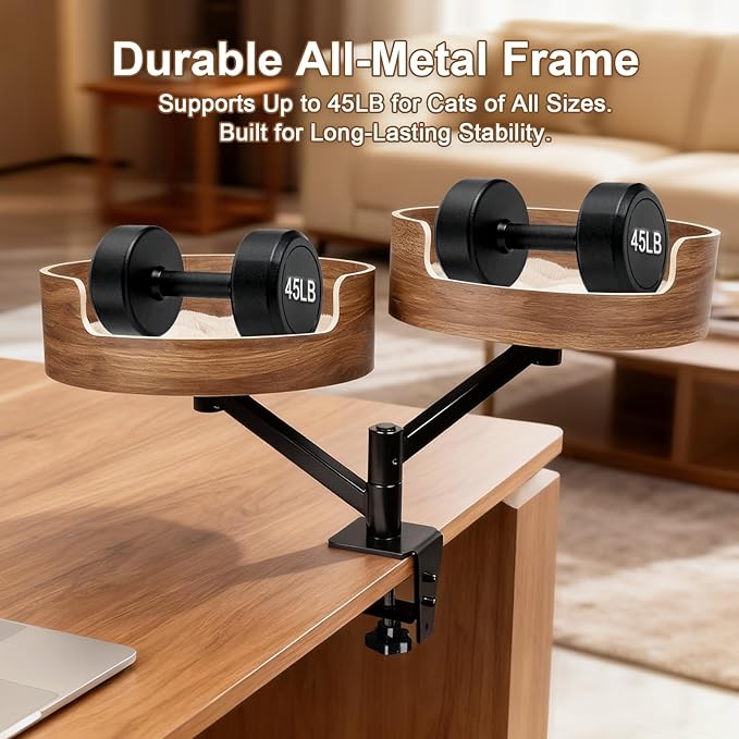 Double Cat Desk Bed with 2 Pet Mat ，360° Rotation ，Walnut Wood Finish，Space-Saving Perch Adjustable Cat Bed Desk Easy Install - Suitable for Indoor Furniture for Office & Game Tables