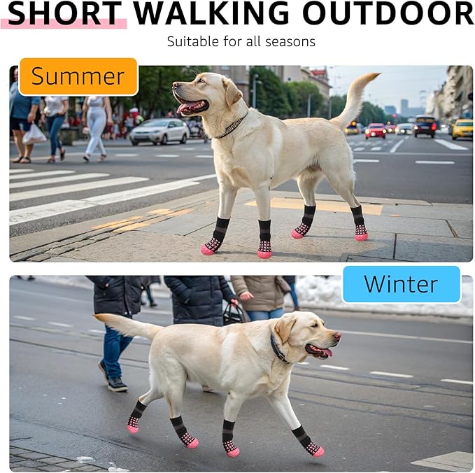SCENEREAL Anti Slip Dog Socks to Prevent Licking Paws, Dog Booties & Paw Protectors for Hot Pavement Hardwood Floors, Traction Control for Small Medium Large Senior Dogs, Pink S