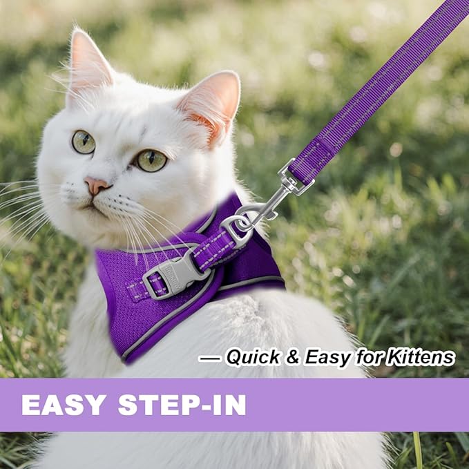 Cat Harness and Leash Set,Escape Proof Kitten Harness,Step in Adjustable Soft Lightweight,Easy Control,Reflective Strips Comfortable for Walking Travel(Purple,M)