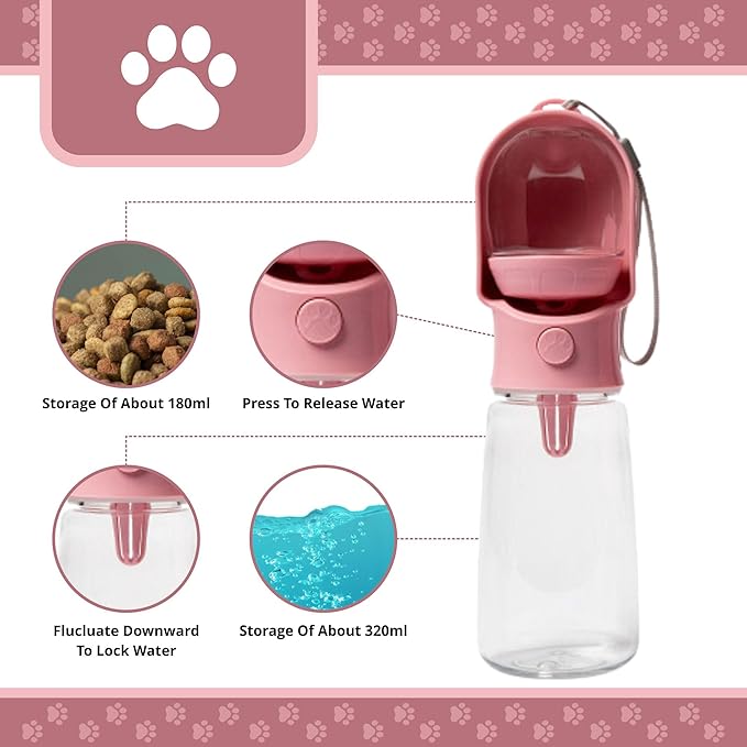 HappiTails Leak Proof Portable Dog Water Bottle with Bowl – Travel Pet Water Dispenser for Walking & Hiking – Food Grade Plastic – Choose from 3 Colors (Pink, 500 ml)