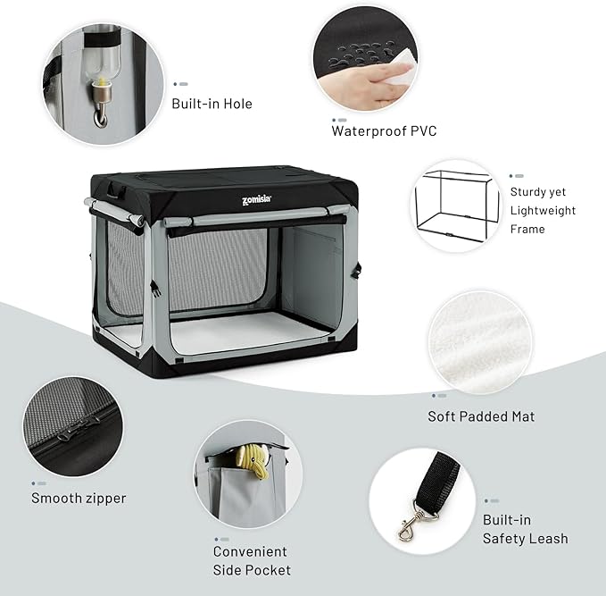 ZOMISIA 36 Inch Collapsible Dog Crate for Large Dogs - Portable Dog Travel Crate Soft Sided with Breathable Mesh Windows, Foldable Dog Kennel for Indoor and Outdoor, Grey