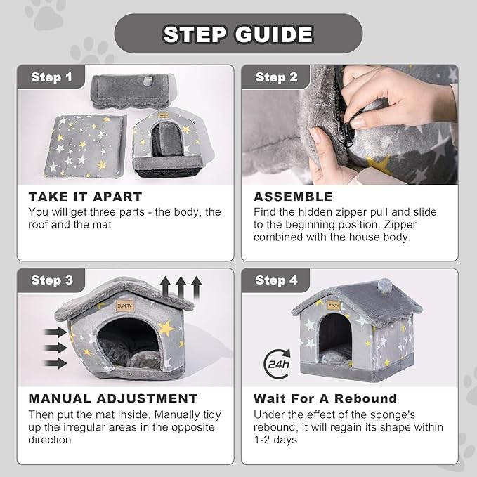 JIUPETY Cute Cat Beds for Indoor Cats, Foldable Cat House with Non-Slip Bottom, S Size Kitten Bed Up to 8 Lbs Kitty, Grey