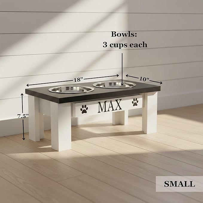 GTW Classic Dog Feeder - Elevated Stand with Stainless Steel Bowls Farmhouse Style, Anti-Slip, Easy Clean, Chic & Durable Design (Small, Dark Walnut)