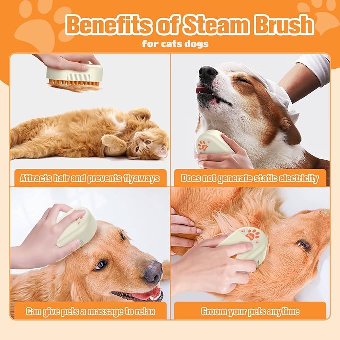 Cat Steam Brush for Shedding,3 in1 Cats Water Spary Comb,Rechargeable Steamy Cat Brush,Spritz Defur Comb for Cats,Silicone Pets Steamer Brushes for Massage,Grooming,Removing Loose Hair Yellowish&White