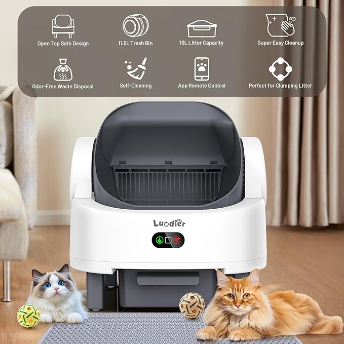 Automatic Cat Litter Box, Electric Large Open-Top Self Cleaning Litter Box for Multiple Cats, Smart APP Control, Multiple Safety Sensors, 1 Rolls Bags & 1 Mat WhiteGrey