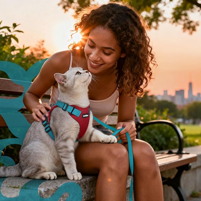 rabbitgoo Cat Harness and Leash for Walking, Escape Proof Soft Adjustable Vest Harnesses for Cats, Easy Control Breathable Reflective Strips Jacket, Red & Teal, XS
