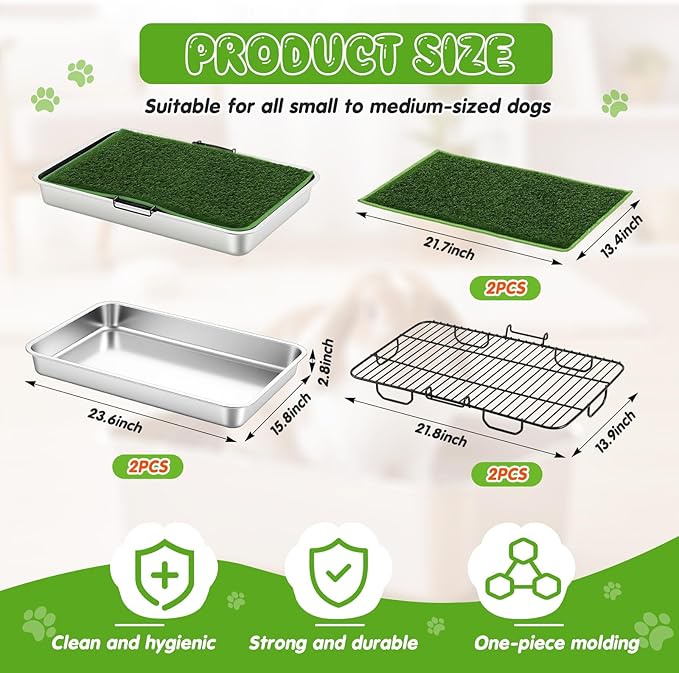 Shimeyao 6 Pcs 3-Layer Dog Grass Pad with Tray, Includes 23.6" x 15.8" Stainless Steel Tray, Artificial Turf Grass Potty, and Support Grids, Reusable Portable Dog Toilet for Indoor & Outdoor Use