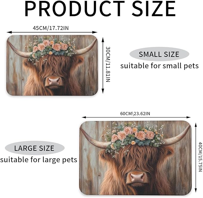 Highland Cow Dog & Cat Food Mat for Floors Waterproof,Quick Dry Anti-Slip Bowl Mats for Food and Water,Pet Feeding Mats,Pet Placemat for Messy Drinkers to Protect Floors,Pets Supplies 23.62×15.75in