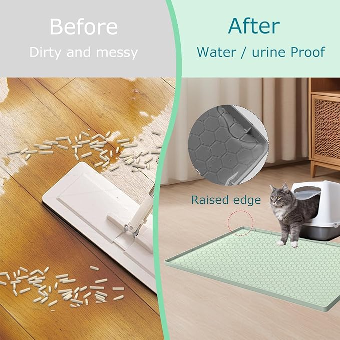 Cat Litter Mat, Silicone Large Cat Mat for Litter Box - 34x22 in, Waterproof & Non-Slip, Durable & Easy Clean, Green