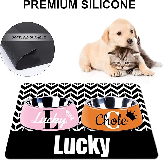 Personalized Dog Cat Food Mat - PU Non-Slip Bottom, Waterproof, Custom Pet Bowl Mat for Food and Water (Wave)