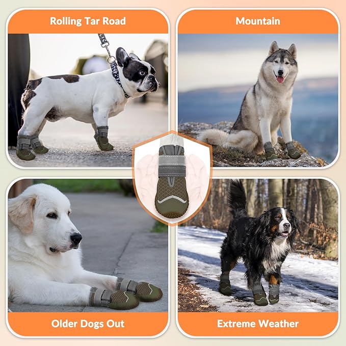 SlowTon Dog Shoes for Large Small Medium Dogs - Breathable Dog Boots for Summer Hot Pavement, Paw Protector for Outdoor Walking Winter Snow, Anti-Slip Rubber Dog Booties for Hardwood Floor (Brown, 5)