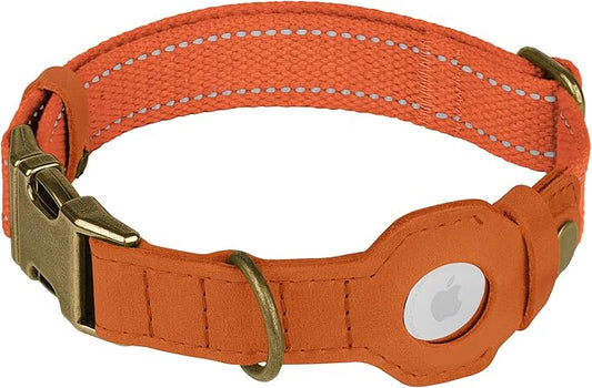Reflective Leather Dog Collar with AirTag Holder - Soft Apple Airtag Dog Collar with Metal Buckle - Safety Cotton Pet Collars for Dogs Small Large Dogs Puppy (Orange, XS, 9"-12")
