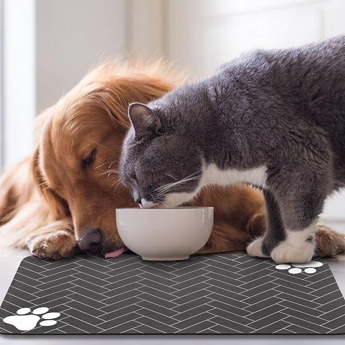 Dog Food Mats,Cat Absorbent Water Bowl Feeding Mats Pet Placemats for Food and Water Gray Wood 16 * 24 inch
