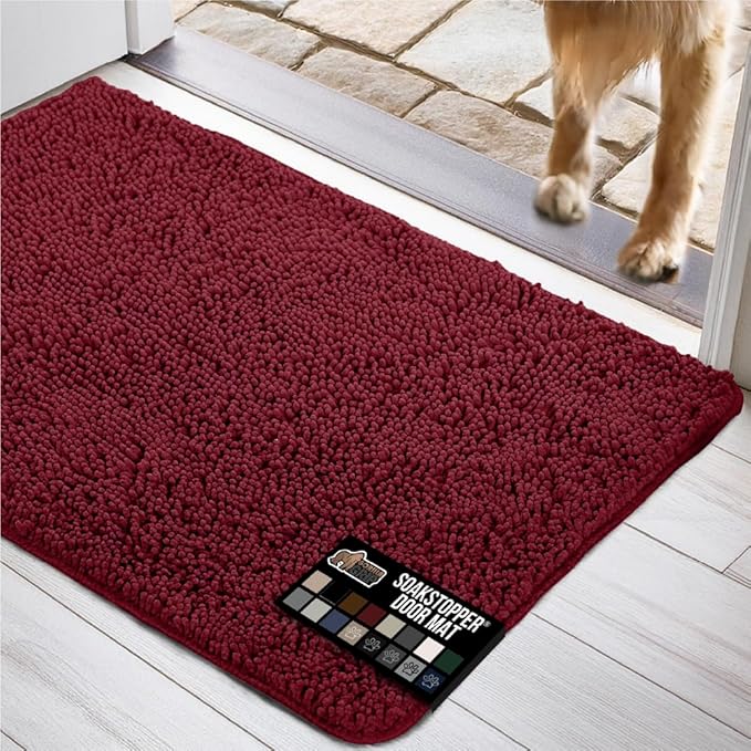 GORILLA GRIP SOAKSTOPPER Dog Door Mat, 70x24 Machine Washable Rug Absorbent Doormat Captures Moisture Mud Dirt, Quick Dry Soft Chenille Entryway Rugs Indoor Entrance Mats for Dog Paws, Burgundy