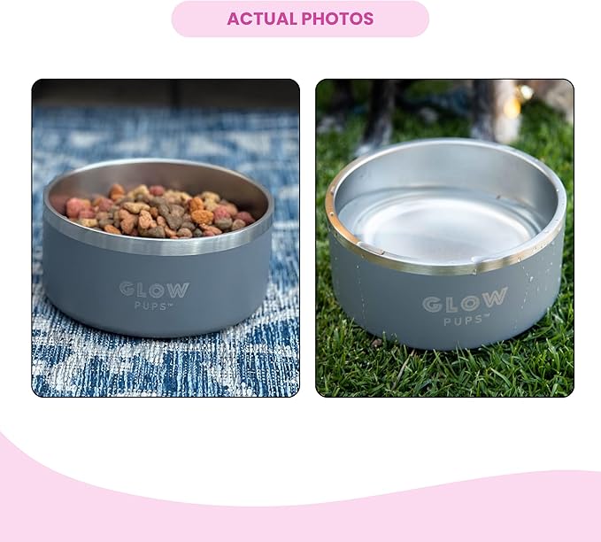Glow Pups Dog Bowl, Vacuum Insulated Pet Bowl Keeps Water Cool, Non-Slip Base, Easy Clean Interior, Durable Stainless Steel, Ideal for Travel, 32 Oz, Stylish (Grey)