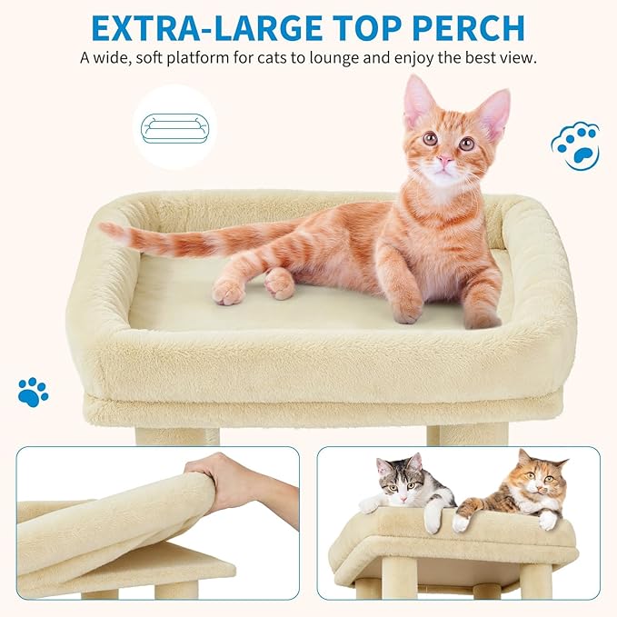 Cat Tree - 157cm Tall, Sisal Wrapped Scratching Post, Cat Nest, Hanging Ball, Extended Platform