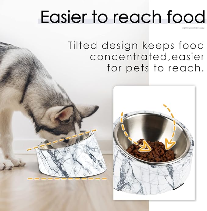 SuperDesign Mess Free 15° Slanted Bowl for Dogs and Cats, Tilted Angle Bulldog Bowl Dog Feeder, Non-Skid & Non-Spill, Easier to Reach Food S/0.5 Cup Marble Pattern