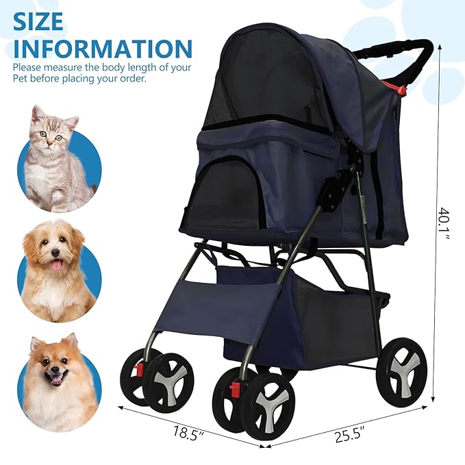 Pet Stroller 4 Wheels Dog Cat Stroller for Medium Small Dogs Cats, Folding Cat Jogger Stroller with Storage Basket & Breathable Mesh, Easy to Walk Travel Carrier