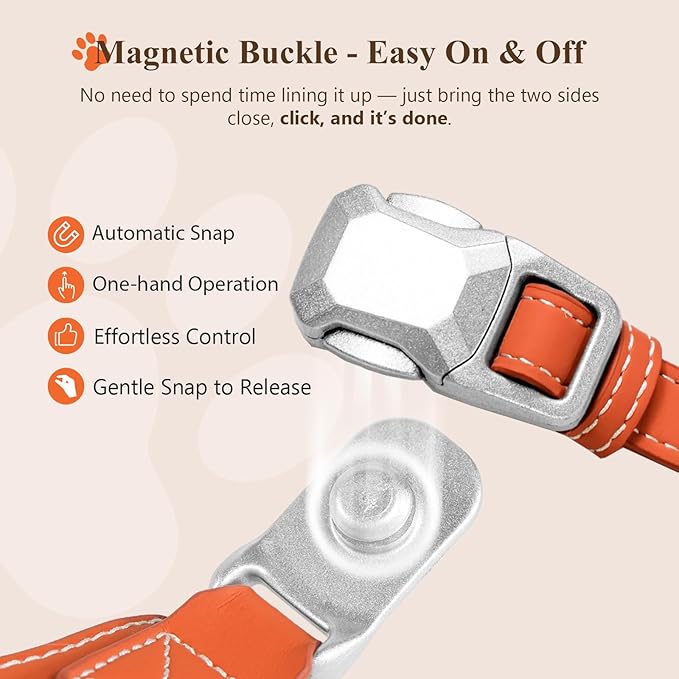 Magnetic Quick-Release Buckle Dog Harness and Leash Set, Easy Walk Faux Leather Puppy Harness, Easy On & Off Dog Vest with Handle for Medium, Large Girl Boy Dogs for Hiking Training, Orange, L