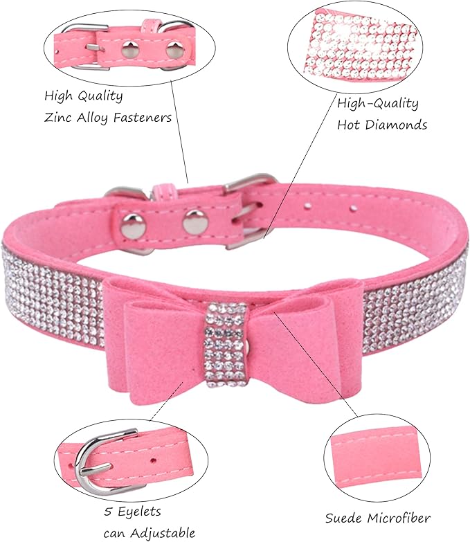 Rhinestone Dog Collar for Small Medium Large Dogs, Adjustable Leather Suede Bling Dog Collars，Diamond Bow Tie Puppy Collars for Boy and Girl.