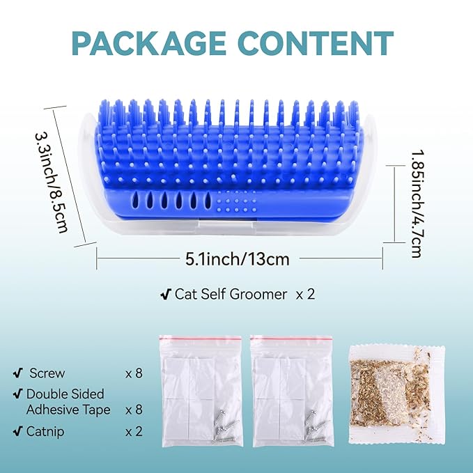 2Packs Cat Self Groomer, Cat Wall Corner Scratcher with Catnip, Soft Cat Brushes, Self Grooming Cats Brush Wall Corner Massager Combs for Long Short Fur Kitten Indoor Cats (Blue)
