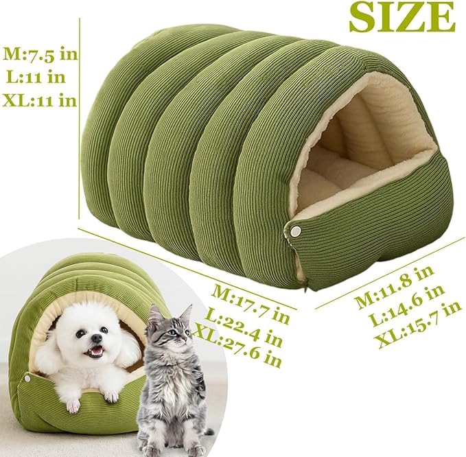 Removable and Washable Winter Closed-Off Cat Bed, Pet Indoor Cave for Cats, With Removable Cushion, Cozy Warming Fluffy Pet Bag for Small and Medium Dogs and Cats (Green L for 16.5lbs Cat & 11lbs Dog)
