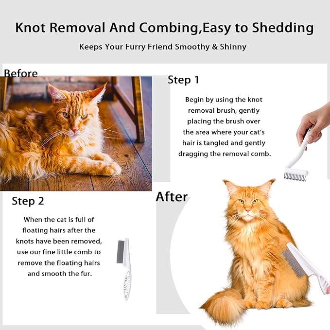 Werdouland Cat Brush, 2 Pack Deshedding Grooming Tool Set for Cats & Small/Medium Dogs, Long & Short Hair Pet Brush & Undercoat Rake, Specialized in treating tangled hair, White