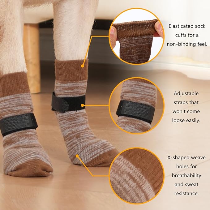 KUPAO Dog Socks 12 Pack to Prevent Licking Paws, Anti Slip Dog Booties and Paw Protectors for Hardwood Floors Hot Pavement, Suitable for Small Medium Large Senior Dogs - Size Small,Brown