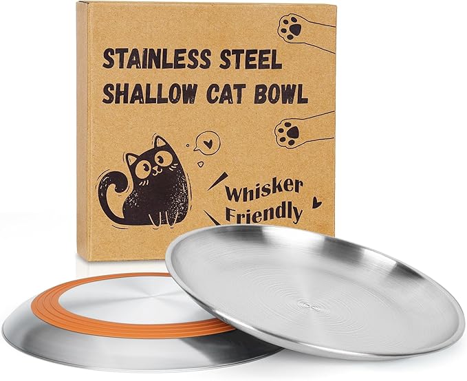 Supet Whisker Frinendly Cat Plates for Wet and Dry Food, Cat Bowls with Non-Slip Bottom, 304 Stainless Steel Flat Wide Shallow Dishes for Indoor Kitten (8Pcs)
