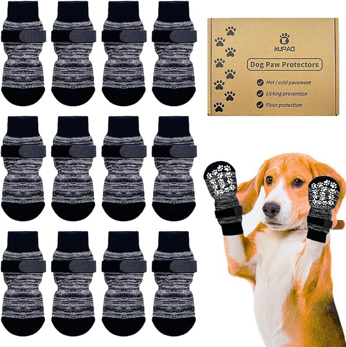 KUPAO Dog Socks 12 Pack to Prevent Licking Paws, Anti Slip Dog Booties and Paw Protectors for Hardwood Floors Hot Pavement, Suitable for Small Medium Large Senior Dogs - Size Small