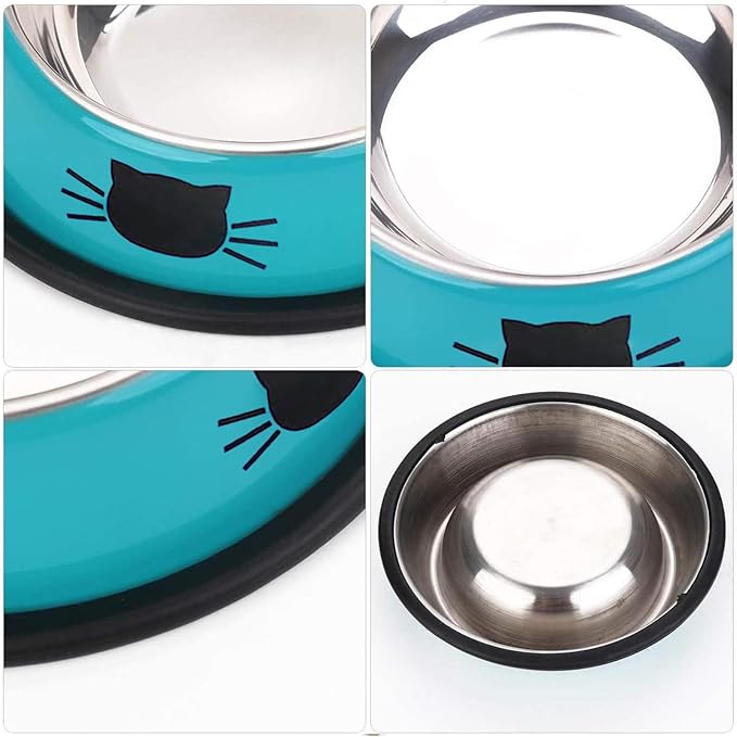 SUOXU Cat Bowls,Stainless Steel Cat Water Food Bowl,Puppy Feeding Bowl,Set of 3 Shallow Pet Bowl Rubber Base Non Slip Small Dogs Feeder Bowls