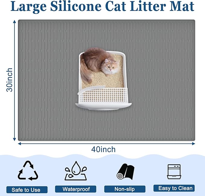 XXL Extra Large Silicone Cat Litter Trapping Mat for Scatter Control, 40"x30"(100cmx75cm) Waterproof Kitty Litter Box mat for Floor, Soft on Kitty Paws, Easy to Clean, Dark Gray