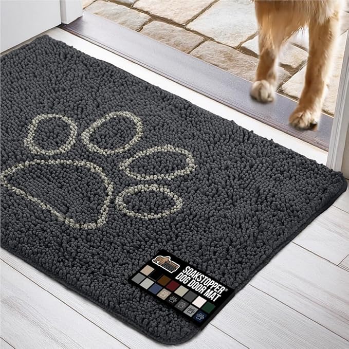GORILLA GRIP SOAKSTOPPER Dog Door Mat, Machine Washable Rug Absorbent Doormat Captures Moisture Mud Dirt, Quick Dry Soft Chenille Entryway Rugs Indoor Entrance Mats for Dog Paws, 24x17 Charcoal