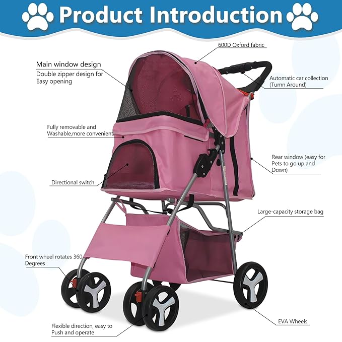 Pet Stroller 4 Wheels Dog Cat Stroller for Medium Small Dogs Cats, Folding Cat Jogger Stroller with Storage Basket & Breathable Mesh, Easy to Walk Travel Carrier