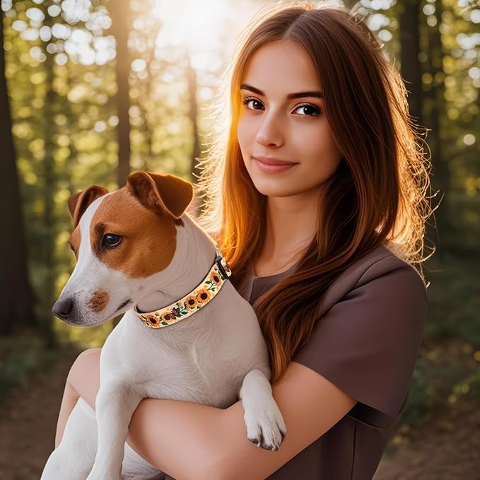 HEELE Dog Collar, Adjustable Soft Dog Collar for Small Medium Large Dogs,Sunflower Floral Patterned Puppy Collars with Quick Release Buckle Sunflower Yellow L Length 15.94''-25.59'