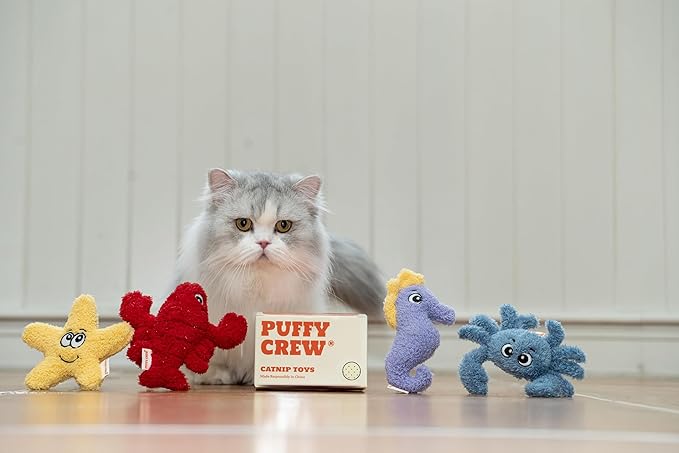 Puffy Crew 4 Pack Interactive Catnip Cat Plush Toy, Ocean Theme Set, 5'', for All Breed Size Cats (4 in 1)