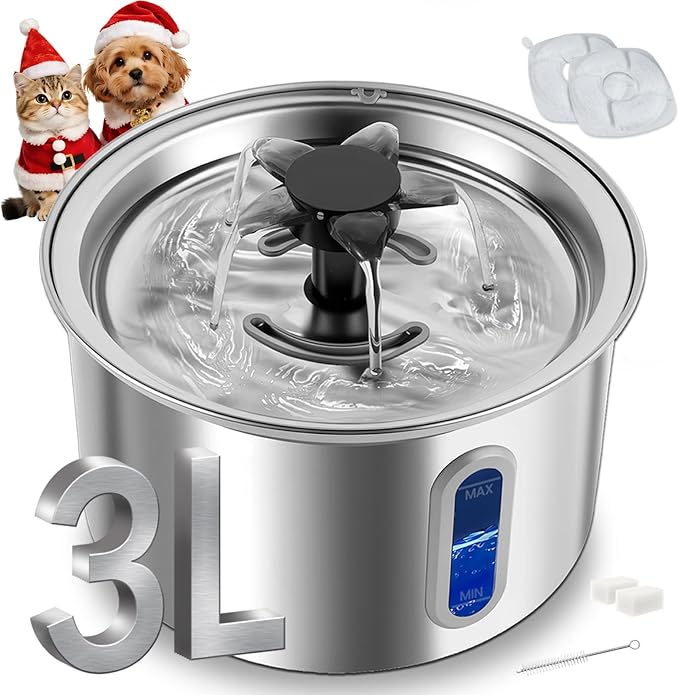 3L/101oz Stainless Steel Cat Water Fountain for Indoor Use - Ultra Quiet Automatic Cat Fountain for Drinking, BPA-Free Pet Water Dispenser for Cats/Small Dogs LED Window (2 Filters & 2 Sponges, Large)