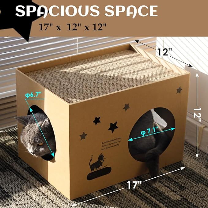 Cardboard Cat House with 2PCS Scratcher Pad 17" L x 12" W x 12" H Large Cat Scratchers Lounge Bed for Indoor Cats Cat Scratching Board & Cat Scratcher Box for Bunny/Cats Animals.