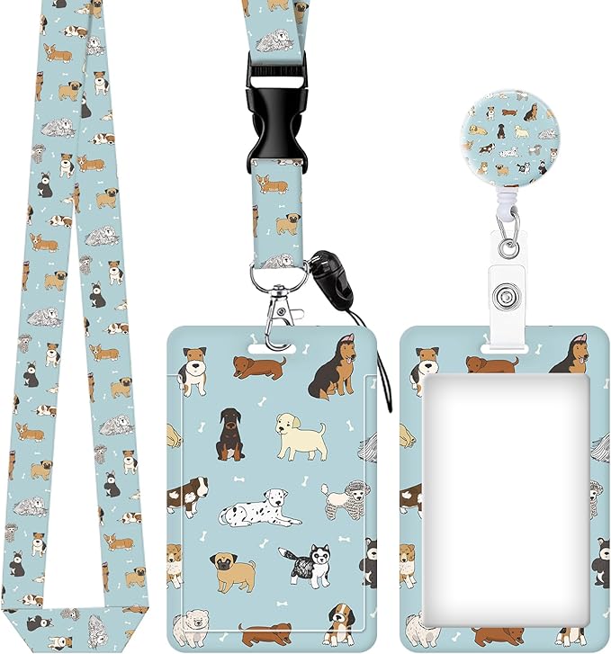 ID Badge Holder with Retractable and Detachable Lanyard, Cute Badge Reel Breakaway Lanyard with Carabiner Clip for Teachers, Nurses, Perfect Work and Office(Cute Dogs)