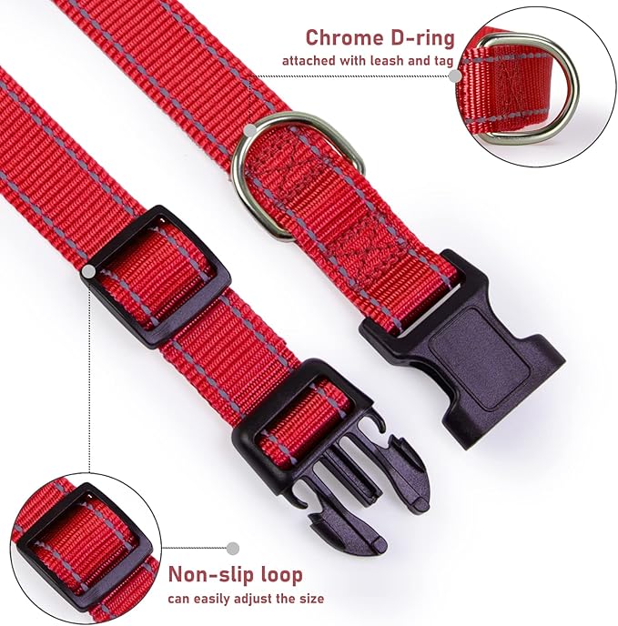 Reflective Dog Collar with Buckle Adjustable Safety Nylon Collars for Small Medium Large Dogs, Red XL