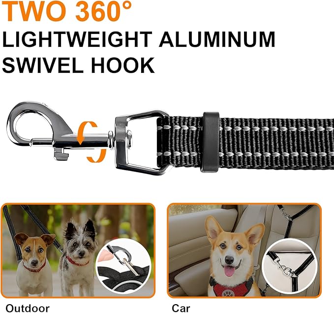 MingXpet Double Dog Leash for Two Dogs, No Pull Dog Leash, 360° Swivel No Tangle for Small Dogs Walking & Training, Shock Absorbing Reflective Bungee, Black