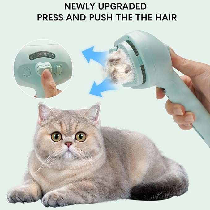 Pet Steam Brush for Cats and Dogs, 3 In 1 Steamy Cat Brush with Release Button and Tank, Anti-Static Pet Spray Hair Removal Comb, Rechargeable Dog Steam Comb for Furry (Blue)