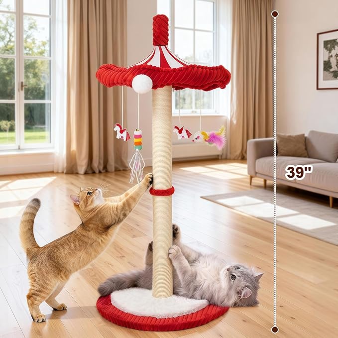 Merry-Go-Round Cat Scratching Post & Interactive Cat Toy | 39" Very Tall Scratcher with Rotating Top for Indoor Cats, for Kittens to Large Adults