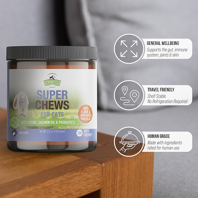 Strawfield Pets Super Chews for Cats - Lysine, Probiotics, Omega 3 Fish Oil (Salmon Oil), Catnip - Supports Immune, Gut, Skin & Joint Health - Hickory Bacon Salmon & Liver Flavor 120 Softchews