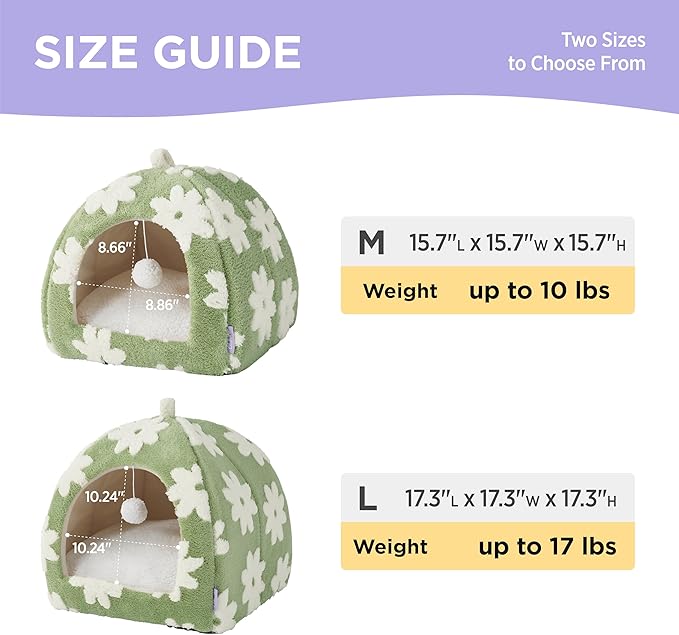 Lesure Cute Cat Beds for Indoor Cats - 2 in 1 Large Cat Cave Bed with Removable Washable Cushioned Pillow, Cozy Kitten Tent with Non-Slip Bottom, Green, 17.3 inches