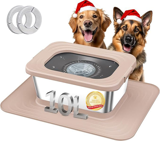 Decflow 10L Stainless Steel Dog Water Bowl, No Spill Anti-Splash Dog Bowls with XXL Silicone Mat, Spill-Proof Slow Feeder for Messy Drinkers, Heavy Duty Pet Bowls Indoor/Outdoor Use