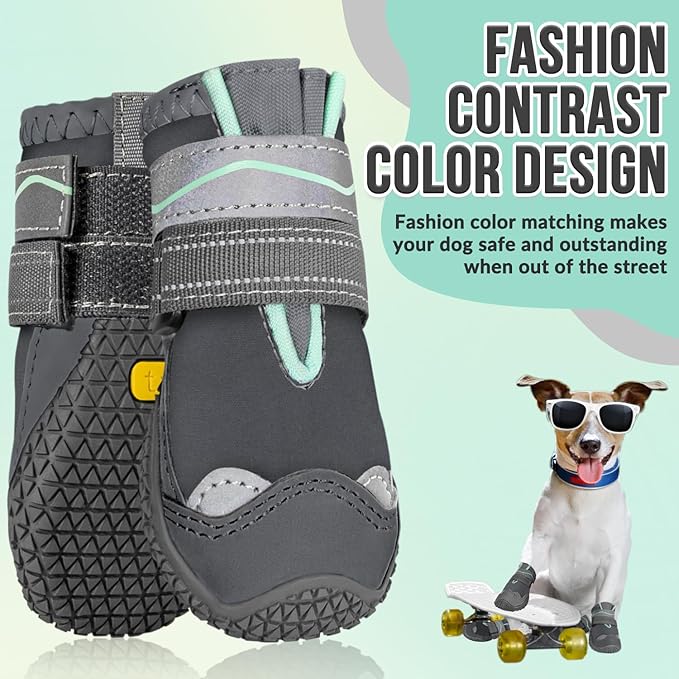 SlowTon Dog Shoes for Large Small Medium Dogs - Waterproof Dog Boots for Summer Hot Pavement, Paw Protector for Outdoor Walking Winter Snow, Anti-Slip Rubber Dog Booties for Hardwood Floor (Grey, 3)