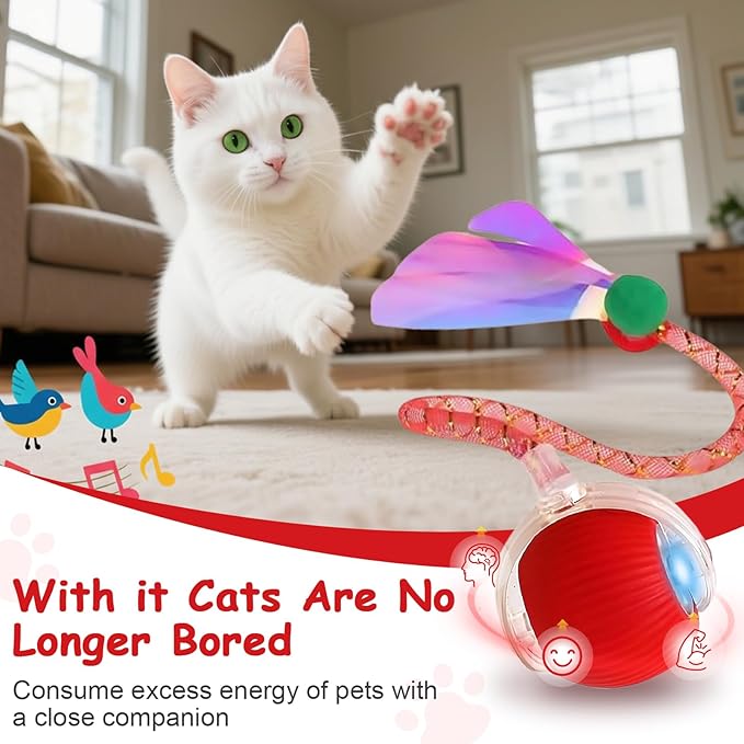 FurryJoy 2PCS Interactive Cat Toys Smart Ball for Cats and Dogs, 360° Automatic Rolling Chase, 2 Rapid-Action Tails, Designed for Indoor pet Exercise, Boredom Relief, and Fun Chase Play.（Red＆Blue）