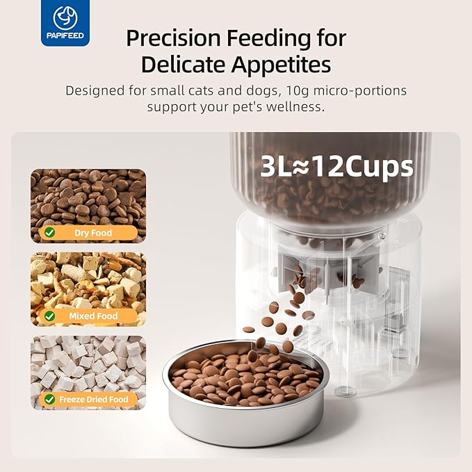 PAPIFEED Automatic Cat Feeder and Water Fountain, 3L/12 Cups 2.4G WiFi Pet Feeder with Stainless Steel Bowl, Smart APP Control for Remote Feeding, 1-12 Meals Per Day, Detachable for Easy Clean (Black)