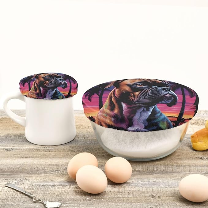 XYMZR Dog Boxer Reusable Bowl Cover for Food Storage – Set of 5 in Varying Sizes Easily Fit Your Bowls 3.9" to 11.8", Machine Washable, Elastic Stretch